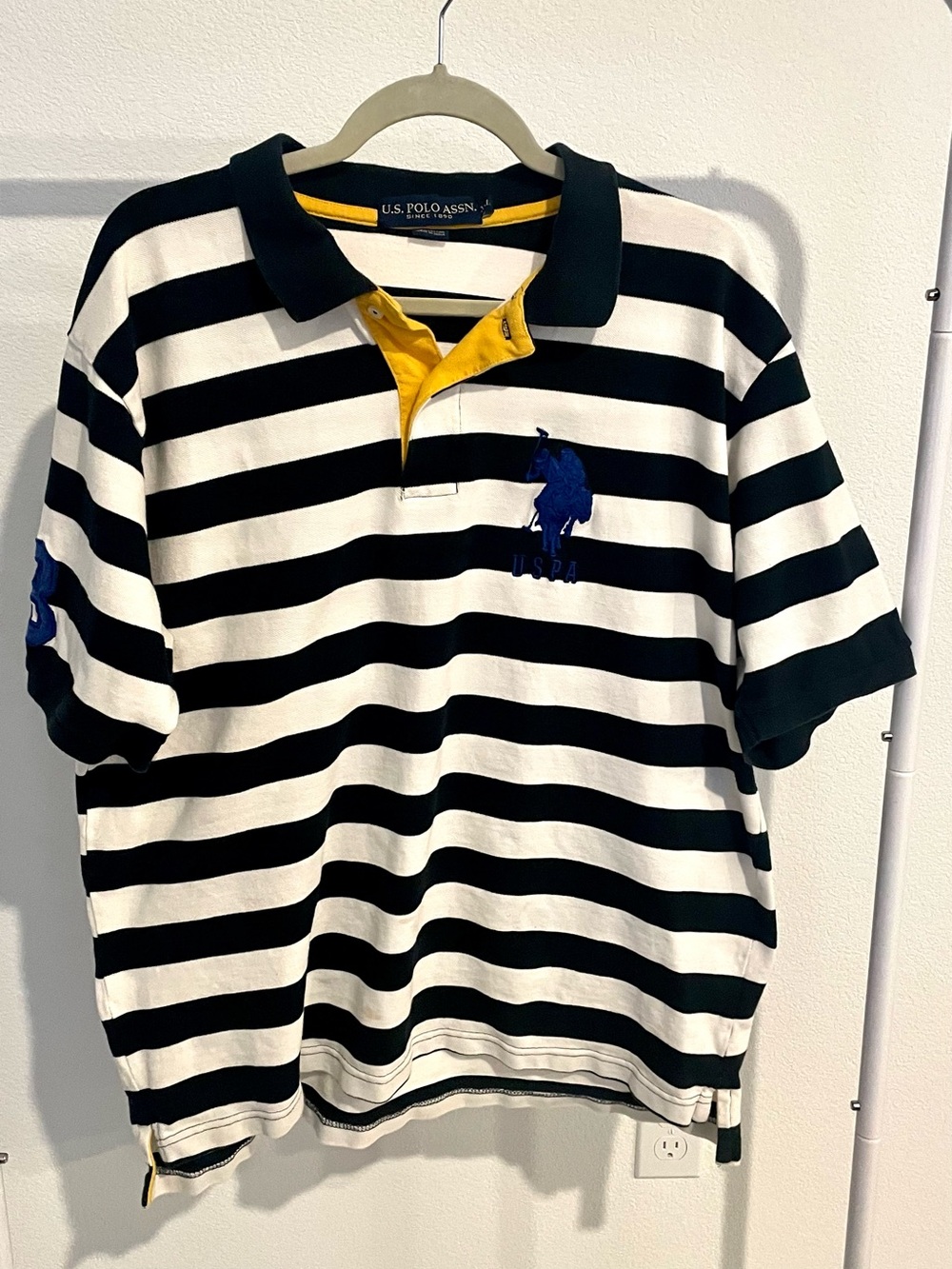 U.S. Polo Assn. Black & White Striped Polo with Yellow Placket and Blue Logo